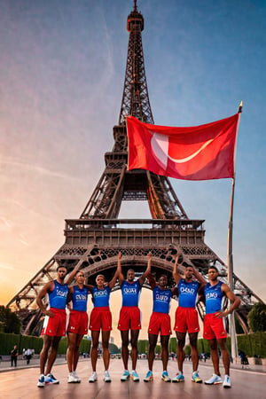 A majestic shot: Against the iconic Eiffel Tower's iron lacework, athletes from Paris Olympic Games stand in unison against a warm evening sky, vibrant uniforms popping against the soft blue tones. A bold banner unfurls behind them, emblazoned with 'PARIS 2024' in striking red letters, echoing the tower's grandeur. Athletes' determined faces and strong poses exude unity and strength as they proudly display their country's flag, set amidst the City of Light's most recognizable landmark.