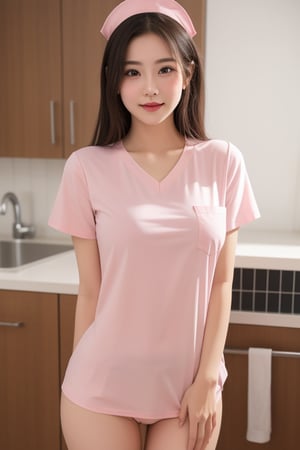 create a sexy girlfriend wearing a pink nurse's shirt that is dripping with fluid