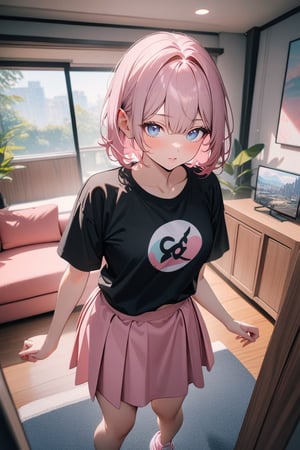 1girl, pale, pink hair, short hair, hair between eyes black shirt, pink skirt, sneakers, standing, outside, living room, indoor, [fisheye lens:: 1], [pastel: 5], masterpiece, best quality, absurdres, very aesthetic, newest, General