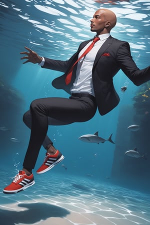 masterpiece, best quality 1boy, dark skin, bald, forehead, black jacket, red necktie, white shirt, skinny pants, sneakers, swimming, underwater