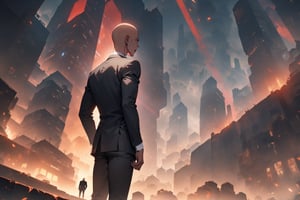 1boy, dark skin, slim, bald, forehead, black jacket, red necktie, white shirt, black skinny pants, formal shoes, standing, outside, city, masterpiece, best quality, absurdres, very aesthetic, newest, General