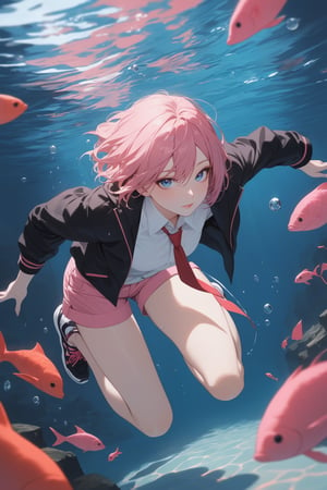 masterpiece, best quality 1girl, pale, pink hair, short hair, hair between eyes, blac jacket, red necktie, white shirt, pink shorts, sneakers, swimming, underwater