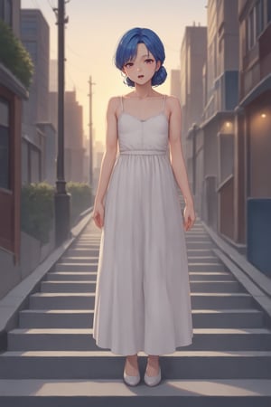 score_9, score_8_up, score_7_up, source_anime, masterpiece, best quality, amazing quality, very aesthetic, absurdres, depth of field, 1girl, blue hair, mature female, flat chest, collarbone, full body, looking at viewer, standing up, open mouth, solo, white blouse, city, street, sunset,score_9_up
