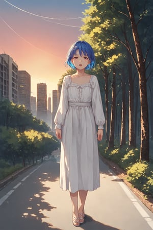 score_9, score_8_up, score_7_up, source_anime, 1girl, blue hair, mature female, flat chest, collarbone, full body, looking at viewer, standing up, open mouth, solo, white blouse, outdoors, day, (forest background), looking at viewer, city, street, sunset, (colorful details)