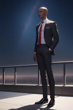 masterpiece, best quality 1boy, dark skin, slim, bald, forehead, black jacket, red necktie, white shirt, black skinny pants, formal shoes, standing, outside, starry sky