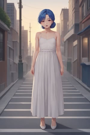 score_9, score_8_up, score_7_up, source_anime, masterpiece, best quality, amazing quality, very aesthetic, absurdres, depth of field, 1girl, blue hair, mature female, flat chest, collarbone, full body, looking at viewer, standing up, open mouth, solo, white blouse, city, street, sunset