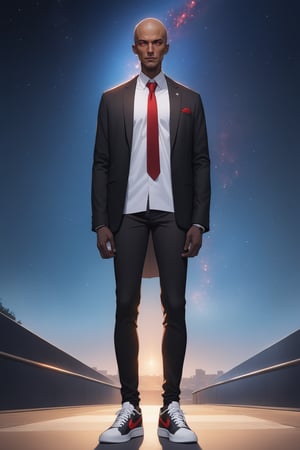 masterpiece, best quality 1boy, dark skin, bald, forehead, black jacket, red necktie, white shirt, skinny pants, sneakers, standing, outside, starry sky