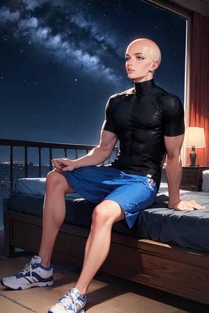 masterpiece, best quality, 1boy, male focus, bald, black shirt, turtleneck, short sleeve, blue skirt, sneakers, bedroom, night sky, starry sky, 