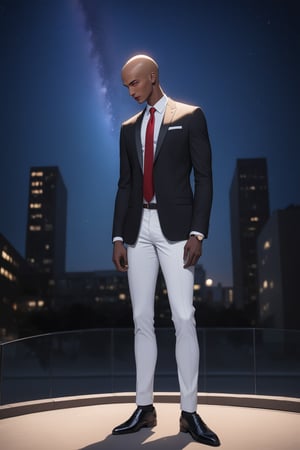 masterpiece, best quality 1boy, dark skin, slim, bald, forehead, black jacket, red necktie, white shirt, skinny pants, formal shoes, standing, outside, starry sky