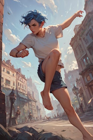 score_9_up, score_8_up, score_7_up, score_6_up, high quality, 1girl, blue hair, short hair, shirt, short sleeve, shorts, barefeet, fighting pose, dynamic pose, city, in the air