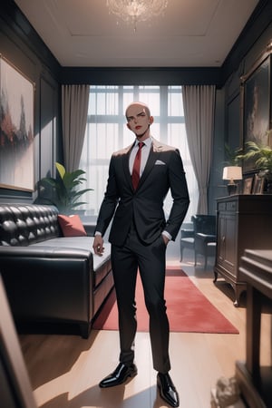 1boy, dark skin, slim, bald, forehead, black jacket, red necktie, white shirt, black skinny pants, formal shoes, standing, outside, living room, indoor, [fisheye lens:: 3], masterpiece, best quality, absurdres, very aesthetic, newest, General