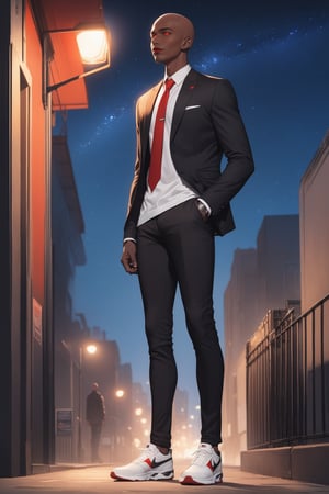 masterpiece, best quality 1boy, dark skin, slim, bald, forehead, black jacket, red necktie, white shirt, skinny pants, sneakers, standing, outside, starry sky