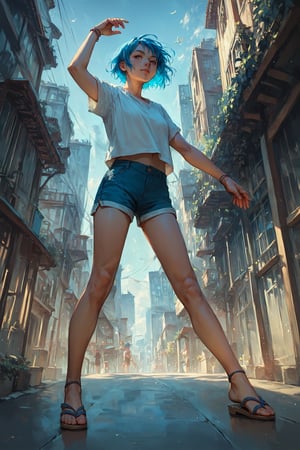 score_9_up, score_8_up, score_7_up, score_6_up, source_anime, high quality, 1girl, blue hair, short hair, shirt, short sleeve, shorts, sandal, standing, dynamic pose, city, colorful details, ultra details, detailed background,score_tag