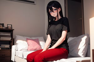 masterpiece, best quality, 1girl, black hair, long hair, hair between eyes, black shirt, short sleeve, red pants, sneakers, bedroom