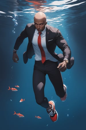 masterpiece, best quality 1boy, dark skin, bald, forehead, black jacket, red necktie, white shirt, skinny pants, sneakers, swimming, underwater