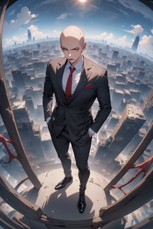 1boy, slim, bald, forehead, black jacket, red necktie, white shirt, black skinny pants, formal shoes, standing, outside, city, fisheye lens, masterpiece, best quality, absurdres, very aesthetic, newest, General