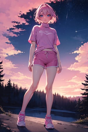 masterpiece, best quality, 1girl, pale, pink hair, short hair, hair between eyes, pink shirt, turtleneck, short sleeve, pink shorts, sneakers, standing, outside, pink sky, starry sky, pastel colors