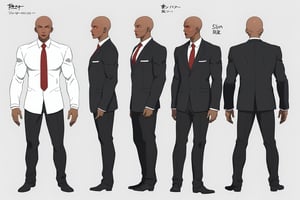 masterpiece, best quality 1boy, dark skin, slim, bald, forehead, black jacket, red necktie, white shirt, black skinny pants, formal shoes, standing, white background, multiple views of the same character, model sheet, chatacter sheet