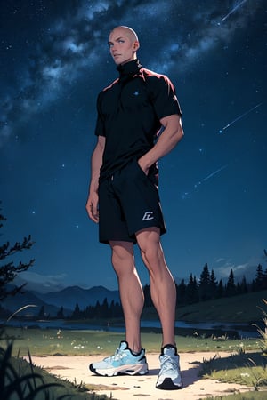 masterpiece, best quality, 1boy, male focus, bald, no hair, black shirt, turtleneck, short sleeve, blue short, sneakers, standing, outside, grass, night sky, starry sky, beatuful sky