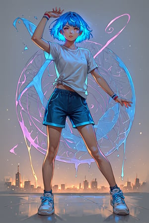 score_9_up, score_8_up, score_7_up, score_6_up, source_anime, 2D, flat colors, 1girl, blue hair, short hair, shirt, short sleeve, shorts, sneakers, standing, dynamic pose, city, colorful details, ultra details, detailed background, c0l0urgl0w