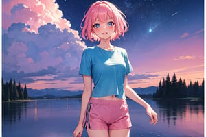 masterpiece, best quality, 1girl, pink hair, short hair, hair between eyes, blue shirt, short sleeve, pink shorts, sneakers, standing, outside, pink sky, starry sky, pastel colors