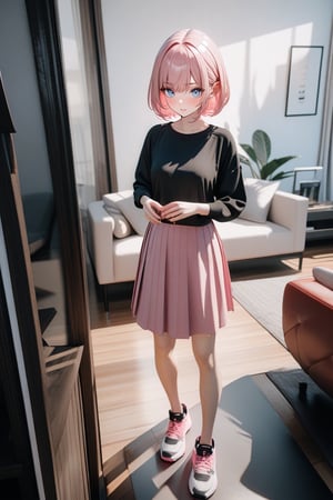 1girl, pale, pink hair, short hair, hair between eyes black shirt, pink skirt, sneakers, standing, outside, living room, indoor, [fisheye lens:: 1], [3D: 5], masterpiece, best quality, absurdres, very aesthetic, newest, General