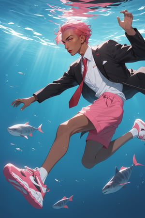 masterpiece, best quality 1boy, dark skin, pink hair, short hair, forehead, black jacket, red necktie, white shirt, pink shorts, sneakers, swimming, underwater