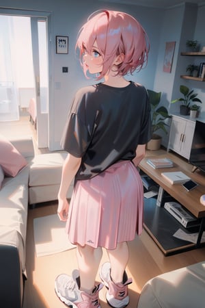 1girl, pale, pink hair, short hair, hair between eyes black shirt, pink skirt, sneakers, standing, outside, living room, indoor, [pov:: 15], masterpiece, best quality, absurdres, very aesthetic, newest, General