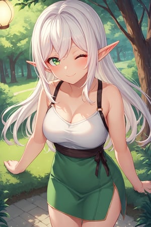 score_9_up, score_8_up, score_7_up, source_anime, pastel colors, 1girl, green eyes, one eye closed, smile, ((white hair)), elf ears, high lights, light aura, best quality, masterpiece, (cute girl at the center:1.2), (solo:1.3), outdoors, day, (forest background), looking at viewer, blush, (colorful details),