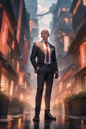 1boy, dark skin, slim, bald, forehead, black jacket, red necktie, white shirt, black skinny pants, formal shoes, standing, outside, city, masterpiece, best quality, absurdres, very aesthetic, newest, General