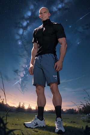 1boy, male focus, bald, no hair, black shirt, turtleneck, short sleeve, blue short, sneakers, standing, outside, grass, night sky, starry sky, masterpiece, best quality, vibrant details