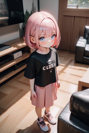 1girl, pale, pink hair, short hair, hair between eyes black shirt, pink skirt, sneakers, standing, outside, living room, indoor, [fisheye lens:: 1], [3D: 5], masterpiece, best quality, absurdres, very aesthetic, newest, General