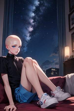 masterpiece, best quality, 1boy, male focus, bald, black shirt, turtleneck, short sleeve, blue skirt, sneakers, bedroom, night sky, starry sky, 