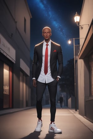 masterpiece, best quality 1boy, dark skin, slim, bald, beret hat, forehead, black jacket, red necktie, white shirt, skinny pants, sneakers, standing, outside, starry sky