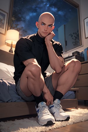 masterpiece, best quality, 1boy, male focus, bald, no hair, black shirt, turtleneck, short sleeve, blue short, sneakers, bedroom, night sky, starry sky, 