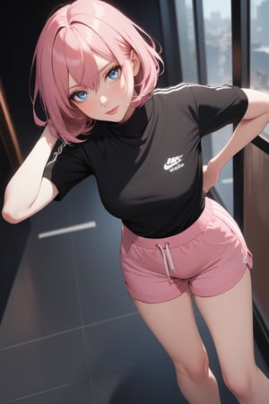 masterpiece, best quality 1girl, pale, pink hair, short hair, hair between eyes, black shirt, turtleneck, short sleeve, pink shorts, sneakers, standing