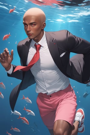 masterpiece, best quality 1boy, dark skin, bald, forehead, black jacket, red necktie, white shirt, pink shorts, sneakers, swimming, underwater