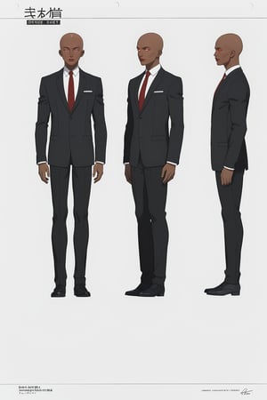 masterpiece, best quality 1boy, dark skin, slim, bald, forehead, black jacket, red necktie, white shirt, black skinny pants, formal shoes, standing, white background, multiple views of the same character, model sheet, chatacter sheet