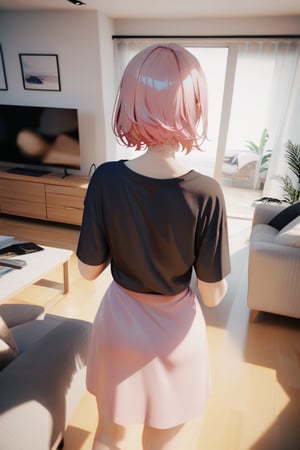 1girl, pale, pink hair, short hair, hair between eyes black shirt, pink skirt, sneakers, standing, outside, living room, indoor, [pov:: 15], [3D: 5], masterpiece, best quality, absurdres, very aesthetic, newest, General