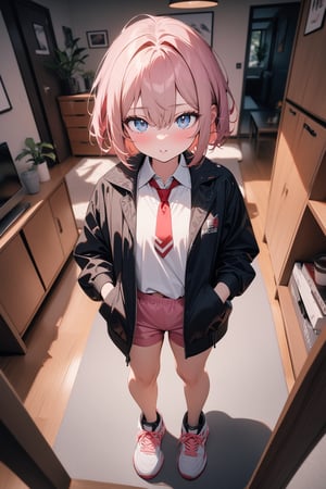 1girl, pale, pink hair, short hair, hair between eyes, black jacket, red necktie, white shirt, pink shorts, sneakers, standing, outside, living room, indoor, [fisheye lens:: 3], masterpiece, best quality, absurdres, very aesthetic, newest, General