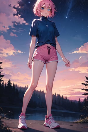 masterpiece, best quality, 1girl, pale, pink hair, short hair, hair between eyes, blue shirt, turtleneck, short sleeve, pink shorts, sneakers, standing, outside, pink sky, starry sky