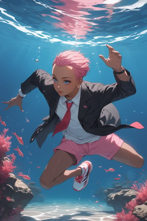 masterpiece, best quality 1boy, dark skin, pink hair, short hair, forehead, black jacket, red necktie, white shirt, pink shorts, sneakers, swimming, underwater