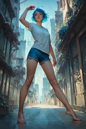 score_9_up, score_8_up, score_7_up, score_6_up, source_anime, high quality, 1girl, blue hair, short hair, shirt, short sleeve, shorts, barefeet, standing, dynamic pose, city, colorful details, ultra details, detailed background,score_tag