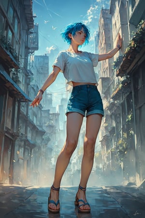 score_9_up, score_8_up, score_7_up, score_6_up, source_anime, high quality, 1girl, blue hair, short hair, shirt, short sleeve, shorts, sandals, standing, dynamic pose, city, colorful details, ultra details, detailed background,score_tag