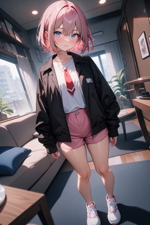 1girl, pale, pink hair, short hair, hair between eyes, black jacket, red necktie, white shirt, pink shorts, sneakers, standing, outside, living room, indoor, [fisheye lens:: 3], masterpiece, best quality, absurdres, very aesthetic, newest, General