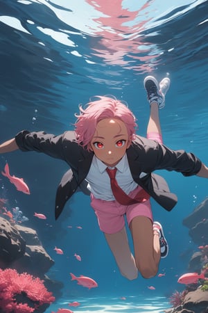 masterpiece, best quality 1boy, dark skin, pink hair, short hair, forehead, black jacket, red necktie, white shirt, pink shorts, sneakers, swimming, underwater