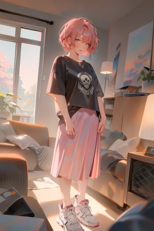 1girl, pale, pink hair, short hair, hair between eyes black shirt, pink skirt, sneakers, standing, outside, living room, indoor, [fisheye lens:: 1], masterpiece, best quality, absurdres, very aesthetic, newest, General