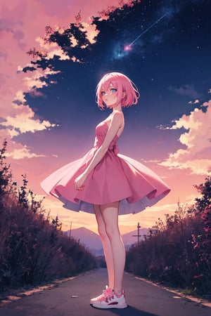 masterpiece, best quality, 1girl, pale, pink hair, short hair, hair between eyes, pink dress sneakers, standing, outside, pink sky, starry sky, pastel colors