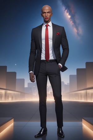 masterpiece, best quality 1boy, dark skin, slim, bald, forehead, black jacket, red necktie, white shirt, black skinny pants, formal shoes, standing, outside, starry sky