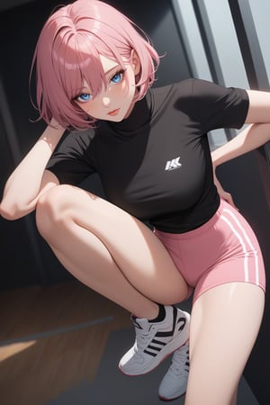 masterpiece, best quality 1girl, pale, pink hair, short hair, hair between eyes, black shirt, turtleneck, short sleeve, pink shorts, sneakers, standing